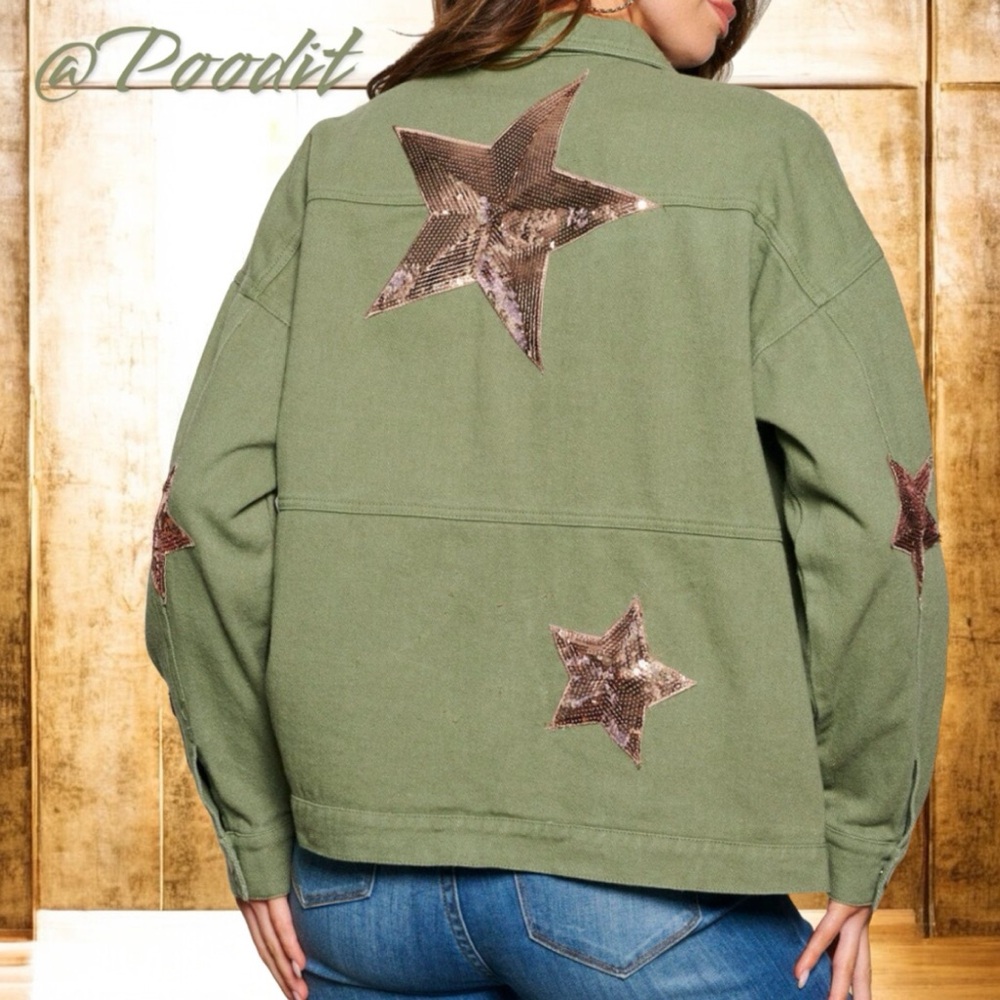 BLUE VELVET Embellished jean jacket sequin stars sz S M L - Picture 3 of 8